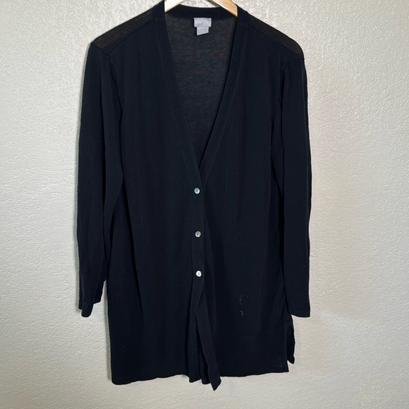 Chico's Women's Size 3 XL Black Sheer Cardigan V-Neck Button Down‎ Side Slits - Picture 1 of 7